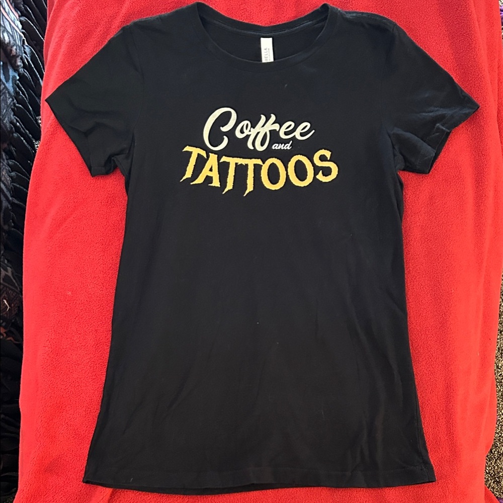Bella Canvas Black Tee with Gold and White 'Coffee and Tattoos' Design
